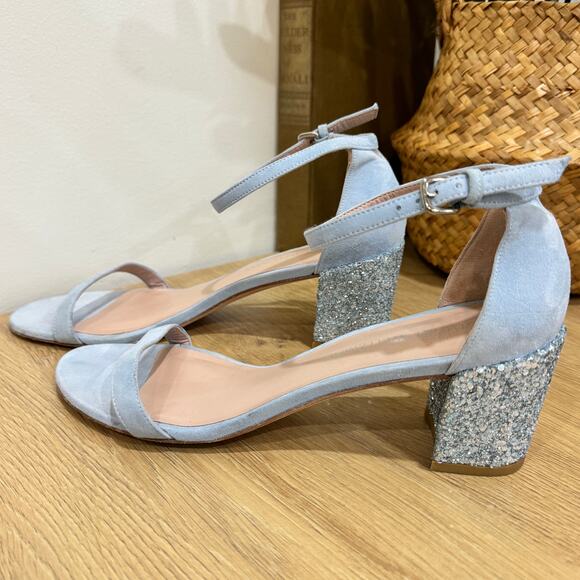 STUART WEITZMAN Nudist Block Sandals Size 9 Light Blue Suede Glitter Heels - Picture 5 of 9